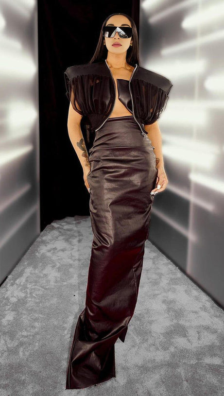 FAUX LEATHER STRAPLESS MAXI DRESS IN BLACK