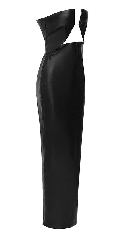FAUX LEATHER STRAPLESS MAXI DRESS IN BLACK