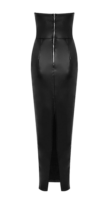 FAUX LEATHER STRAPLESS MAXI DRESS IN BLACK