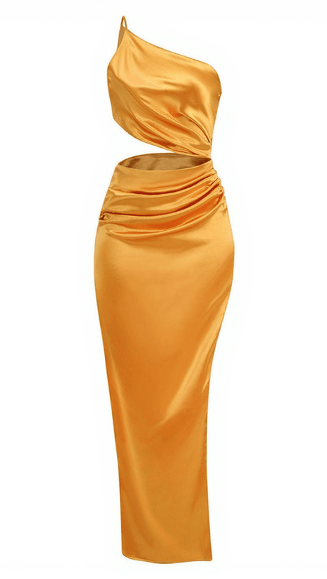 ABITO LUNGO MONOSPALLA CON TAGLIO CHARA IN ORO