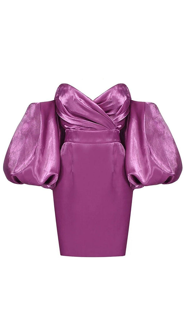 AIIZIE SATIN PUFF SLEEVE MINI DRESS IN DRAK PURPLE - product image