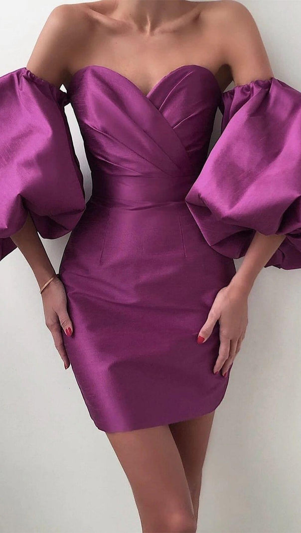 AIIZIE SATIN PUFF SLEEVE MINI DRESS IN DRAK PURPLE - product image