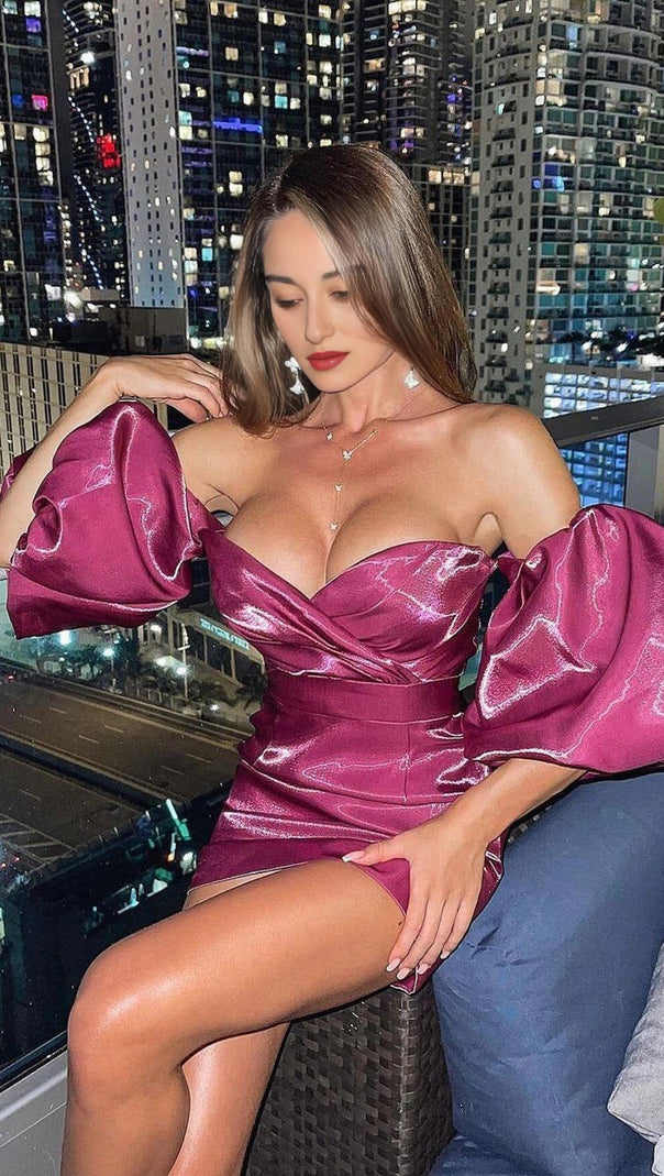 AIIZIE SATIN PUFF SLEEVE MINI DRESS IN DRAK PURPLE - product image