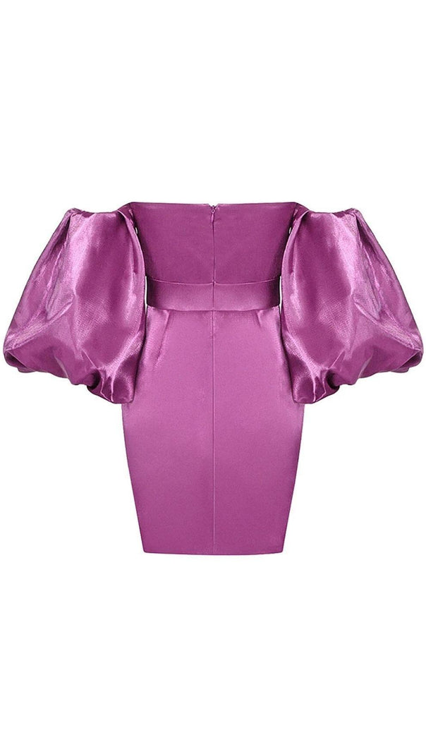 AIIZIE SATIN PUFF SLEEVE MINI DRESS IN DRAK PURPLE - product image