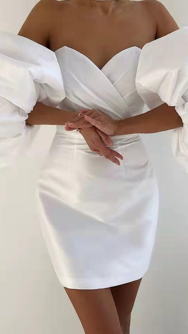 AIIZIE SATIN PUFF SLEEVE MINI DRESS IN WHITE - product image