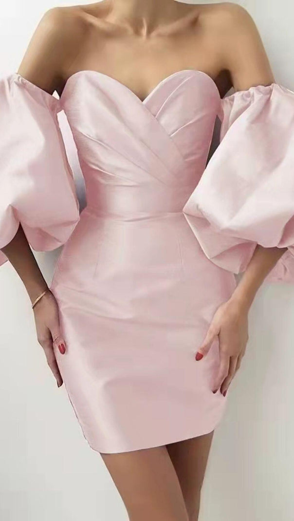 AIIZIE SATIN PUFF SLEEVE MINI DRESS IN PINK - product image