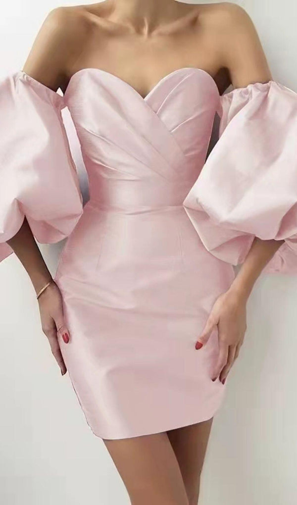 SATIN PUFF SLEEVE MINI DRESS IN PINK