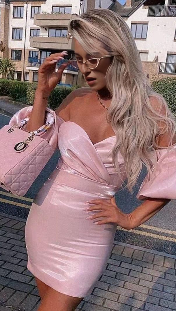 AIIZIE SATIN PUFF SLEEVE MINI DRESS IN PINK - product image