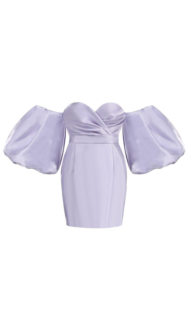 SATIN PUFF SLEEVE MINI DRESS IN LIGHT PURPLE