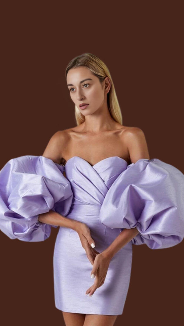 AIIZIE SATIN PUFF SLEEVE MINI DRESS IN LIGHT PURPLE - product image
