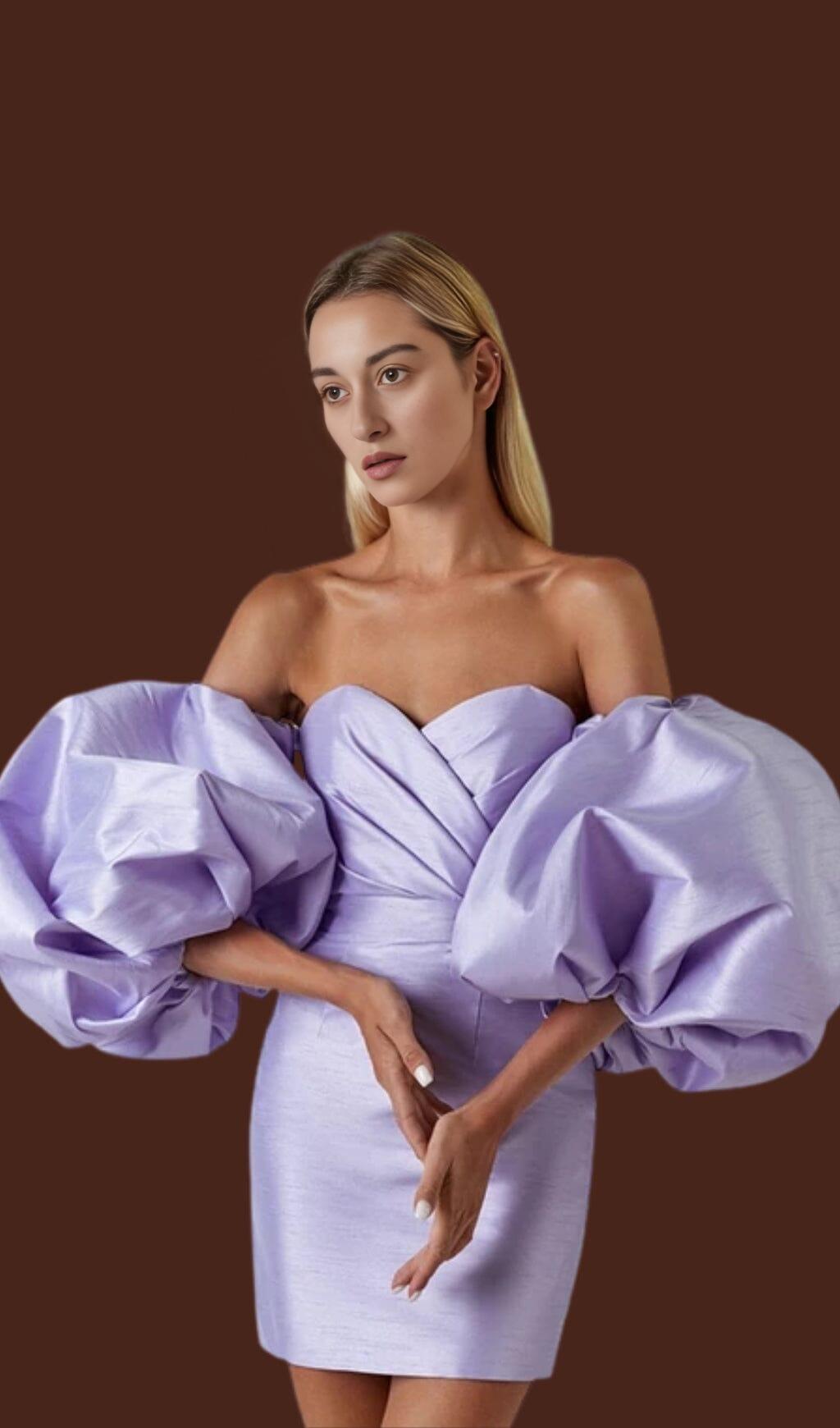 MINI ABITO IN RASO CON MANICHE A SBUFFO VIOLA CHIARO