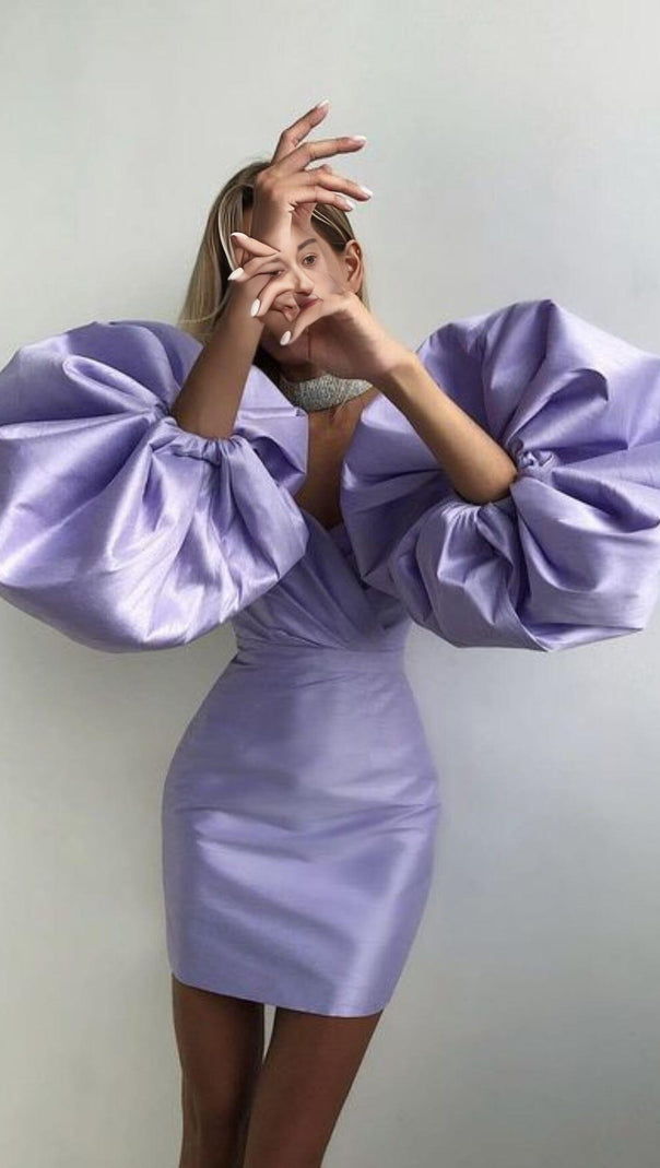 AIIZIE SATIN PUFF SLEEVE MINI DRESS IN LIGHT PURPLE - product image