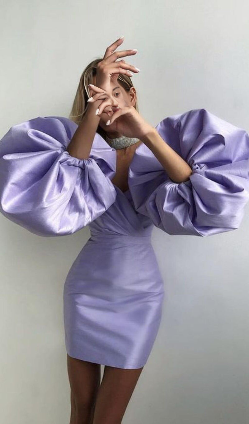 SATIN PUFF SLEEVE MINI DRESS IN LIGHT PURPLE