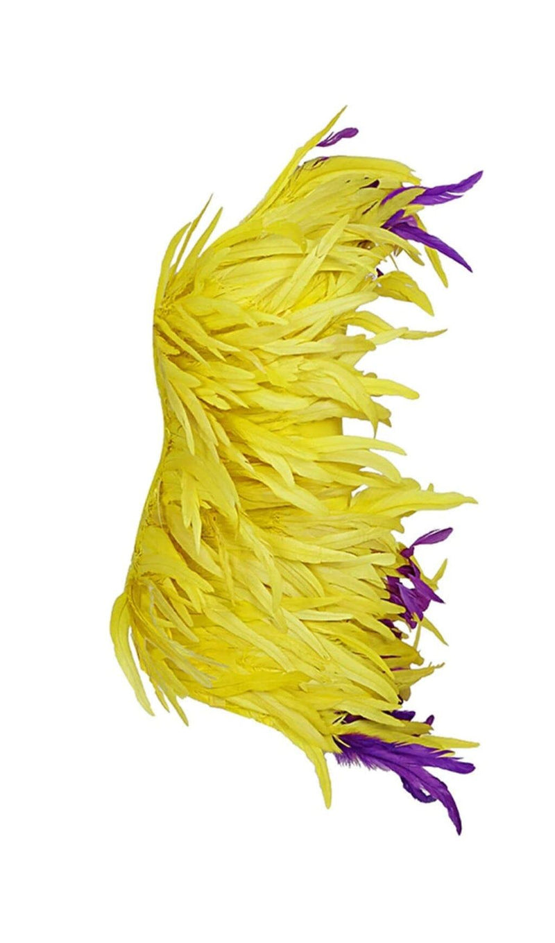 ASYMMETRIC FEATHER MINI DRESS IN YELLOW