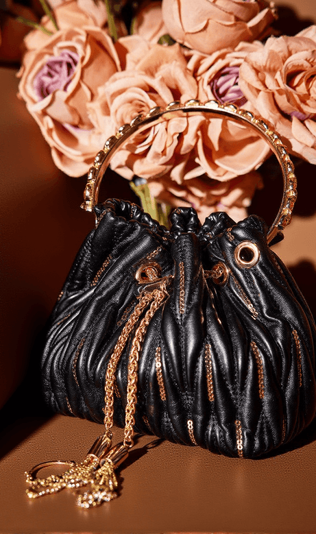 Mattea Leather Sequin Bucket Bag In Black