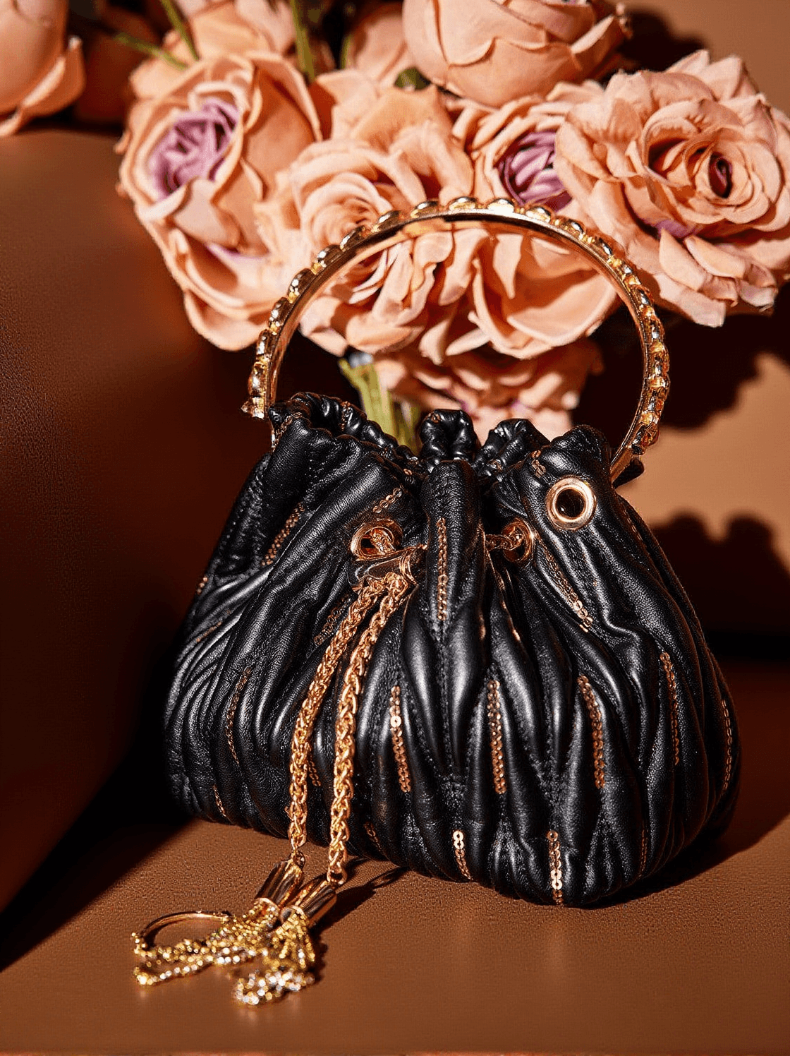 MATTEA LEATHER SEQUIN BUCKET BAG IN BLACK