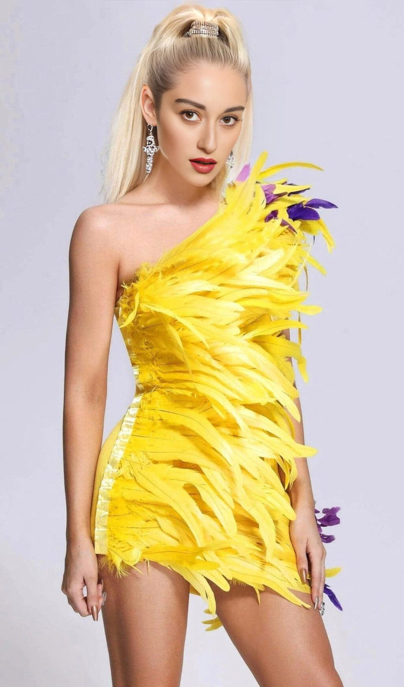 ASYMMETRIC FEATHER MINI DRESS IN YELLOW