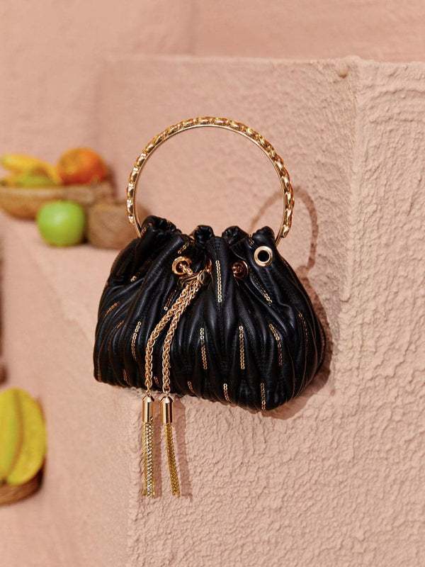 Mattea Leather Sequin Bucket Bag In Black