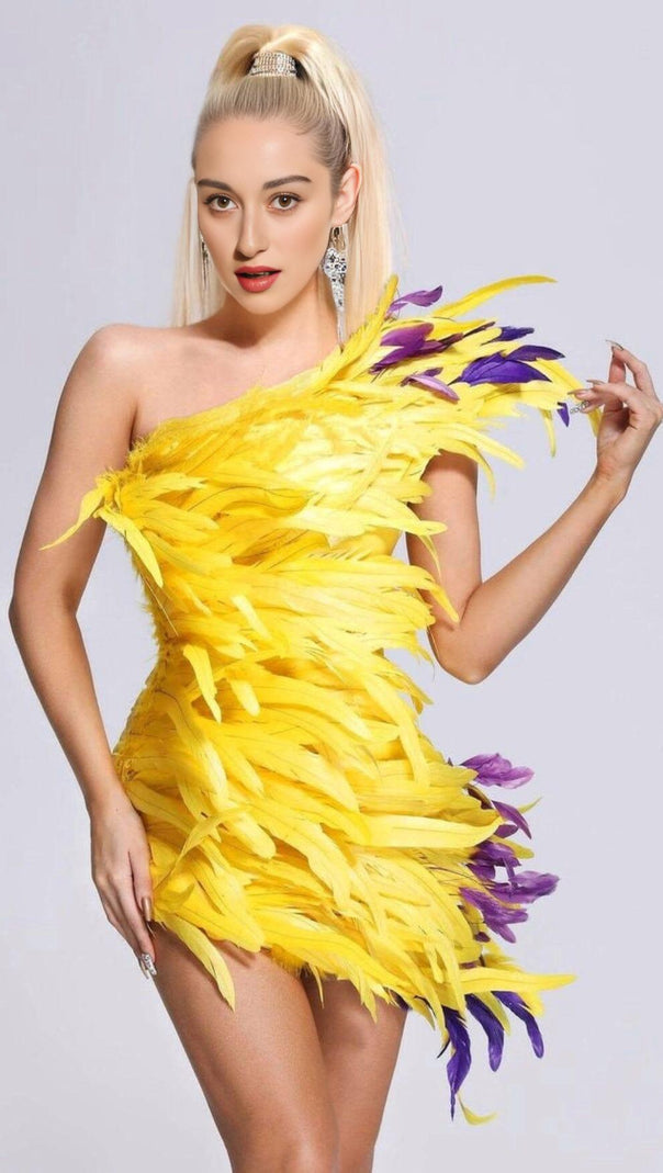 AIIZIE ASYMMETRIC FEATHER MINI DRESS IN YELLOW - product image