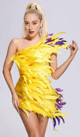 ASYMMETRIC FEATHER MINI DRESS IN YELLOW