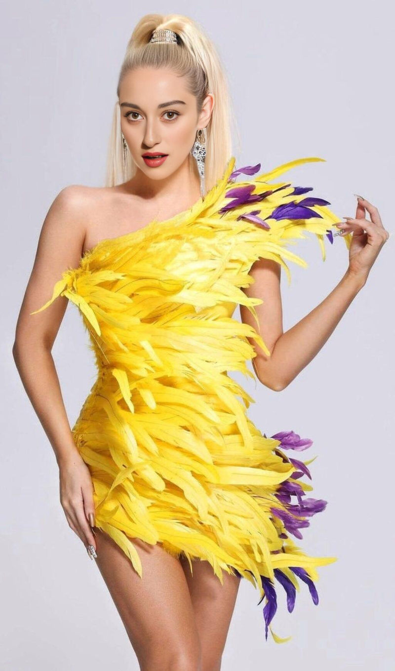 ASYMMETRIC FEATHER MINI DRESS IN YELLOW