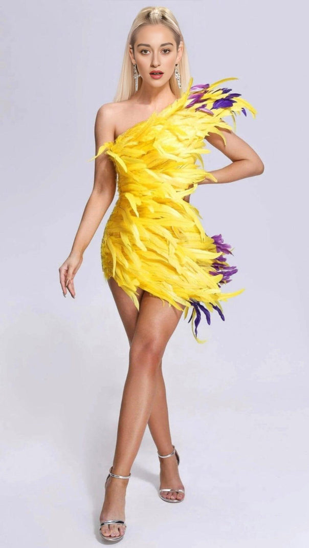 AIIZIE ASYMMETRIC FEATHER MINI DRESS IN YELLOW - product image
