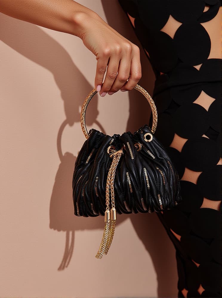 Mattea Leather Sequin Bucket Bag In Black