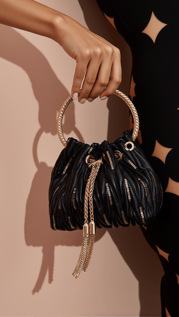AIIZIE MATTEA LEATHER SEQUIN BUCKET BAG IN BLACK - product image