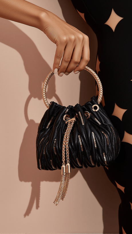 MATTEA LEATHER SEQUIN BUCKET BAG IN BLACK