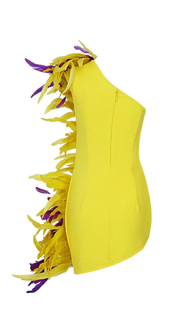 AIIZIE ASYMMETRIC FEATHER MINI DRESS IN YELLOW - product image
