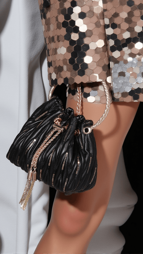 MATTEA LEATHER SEQUIN BUCKET BAG IN BLACK