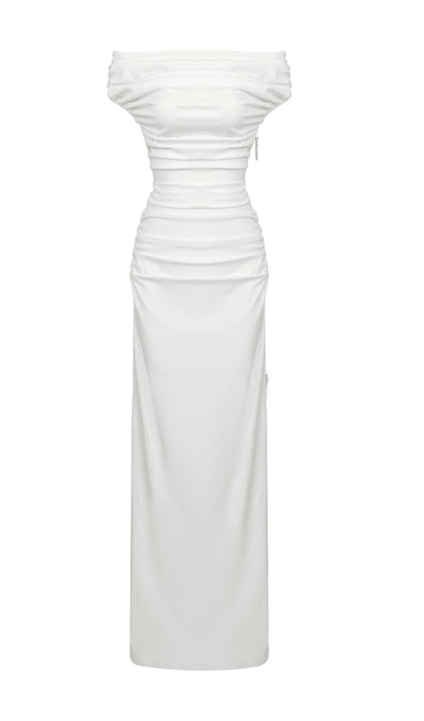 SLASH NECK PLEATED MAXI DRESS IN WHITE