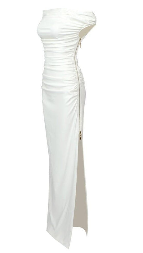 SLASH NECK PLEATED MAXI DRESS IN WHITE