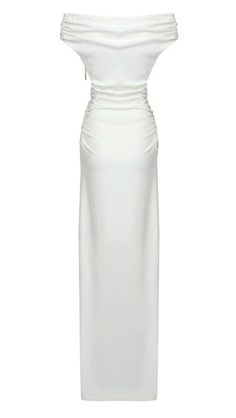 SLASH NECK PLEATED MAXI DRESS IN WHITE