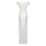 SLASH NECK PLEATED MAXI DRESS IN WHITE