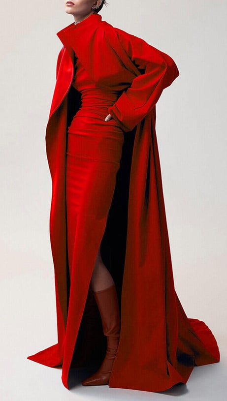 SLASH NECK PLEATED MAXI DRESS IN RED