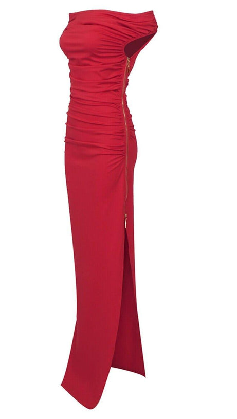 SLASH NECK PLEATED MAXI DRESS IN RED