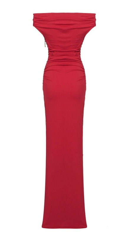 SLASH NECK PLEATED MAXI DRESS IN RED