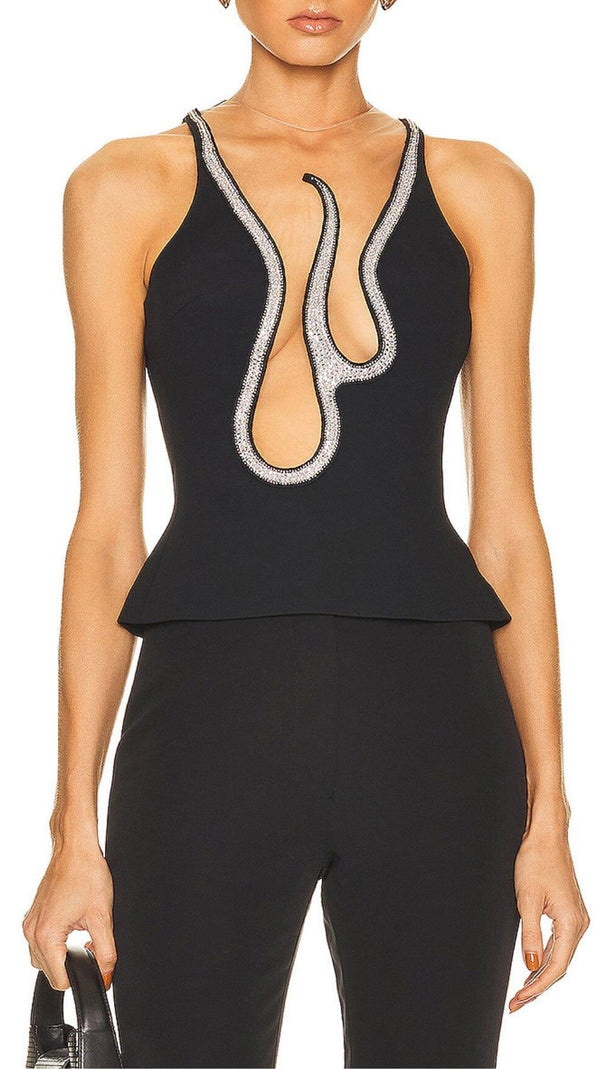 AIIZIE BANDAGE CUT-OUT DESIGN BRIGHT DIAMOND CAMISOLE TOP IN BLACK - product image