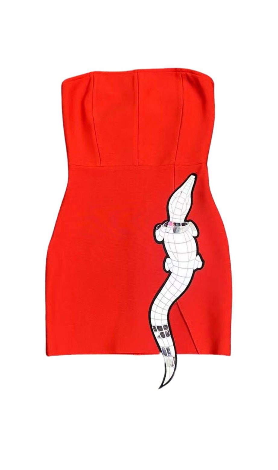 MINI ABITO PERSONALIZZATO SENZA MANICHE CON PAILLETTES E BENDAGGI IN ROSSO