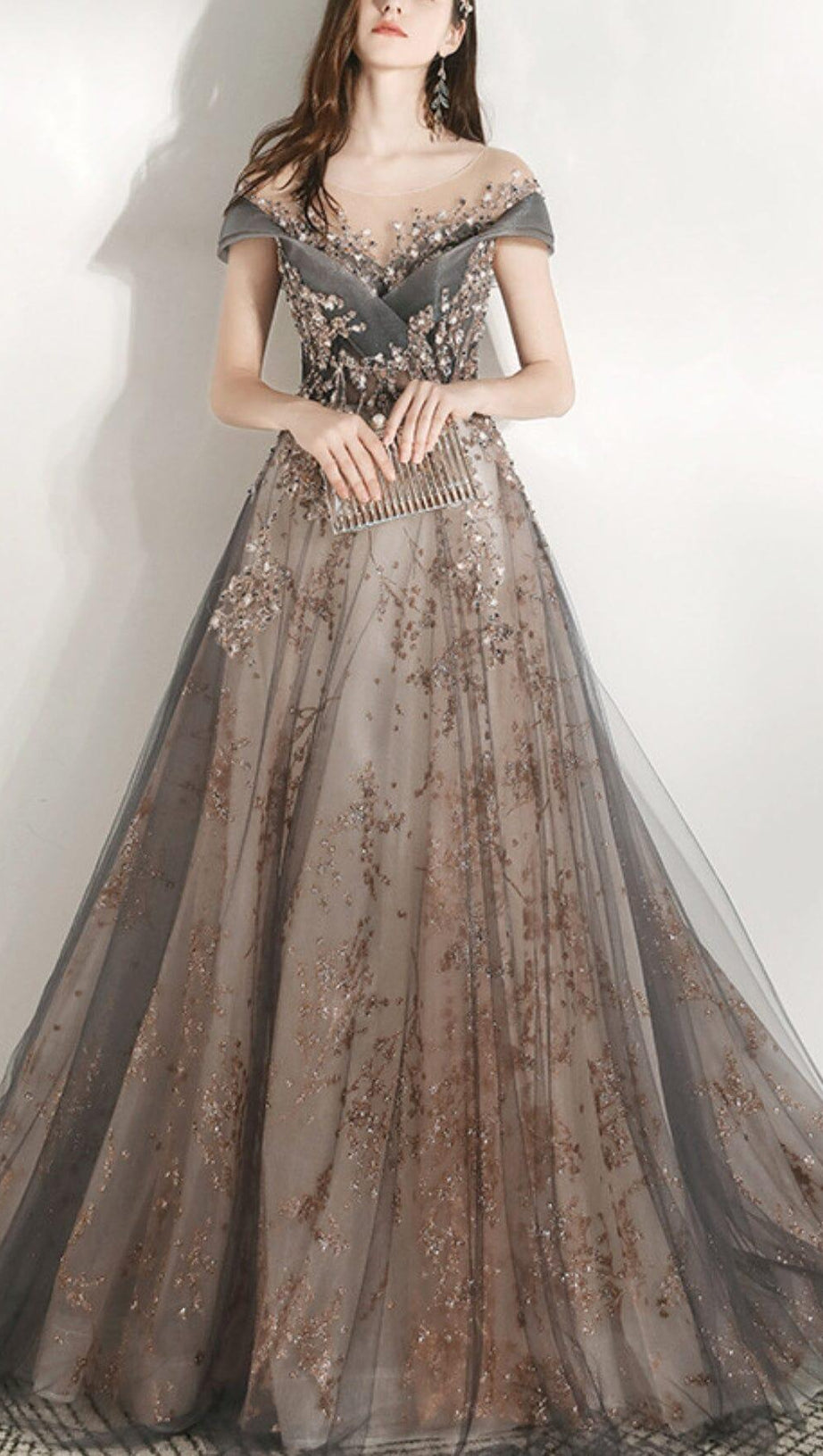 MESH HEAVY RHINESTONE COURT MAXI DRESS IN GREY