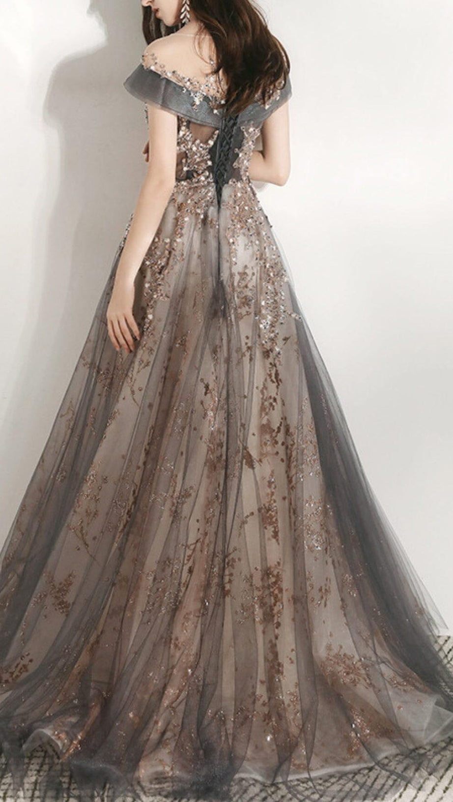 MESH HEAVY RHINESTONE COURT MAXI DRESS IN GREY