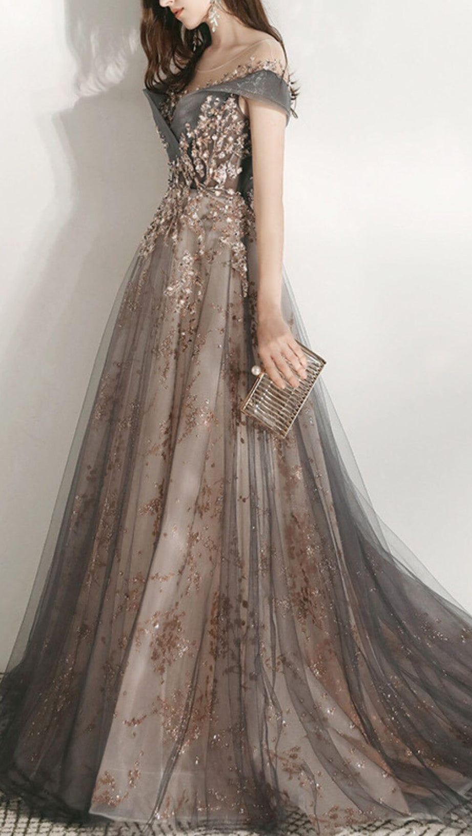 MESH HEAVY RHINESTONE COURT MAXI DRESS IN GREY