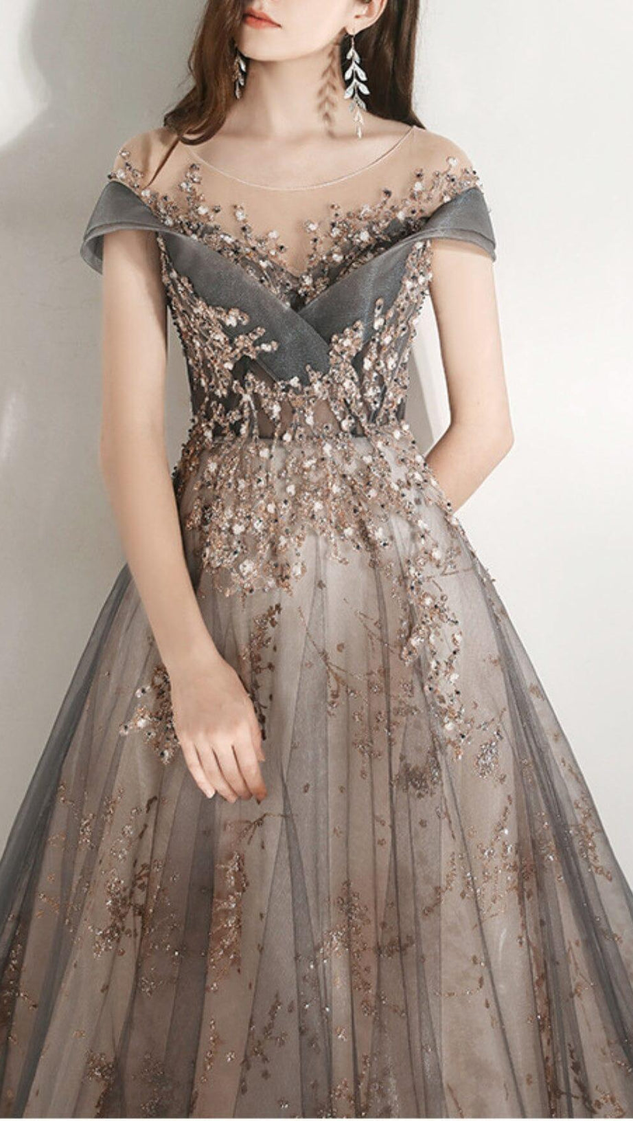 MESH HEAVY RHINESTONE COURT MAXI DRESS IN GREY