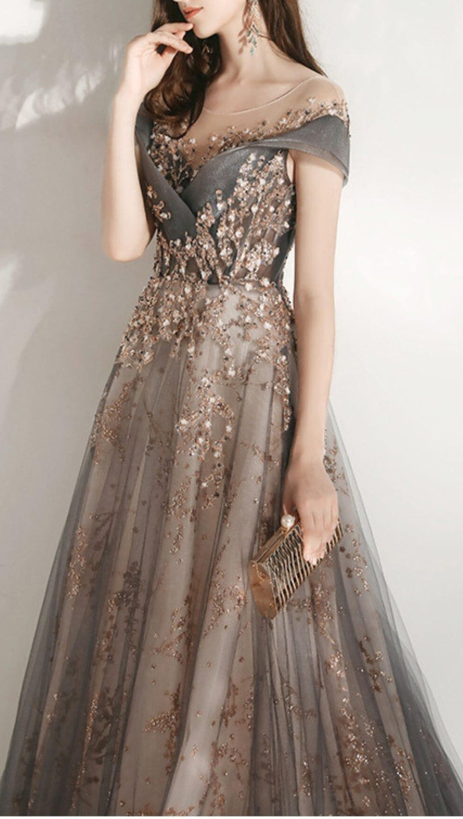 MESH HEAVY RHINESTONE COURT MAXI DRESS IN GREY