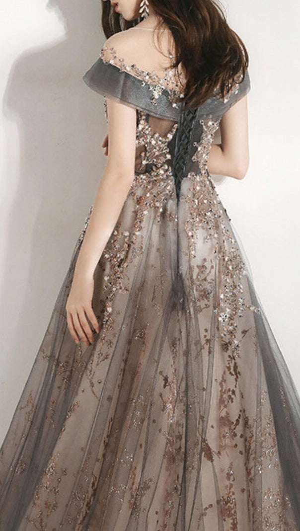 AIIZIE MESH HEAVY RHINESTONE COURT MAXI DRESS IN GREY - product image