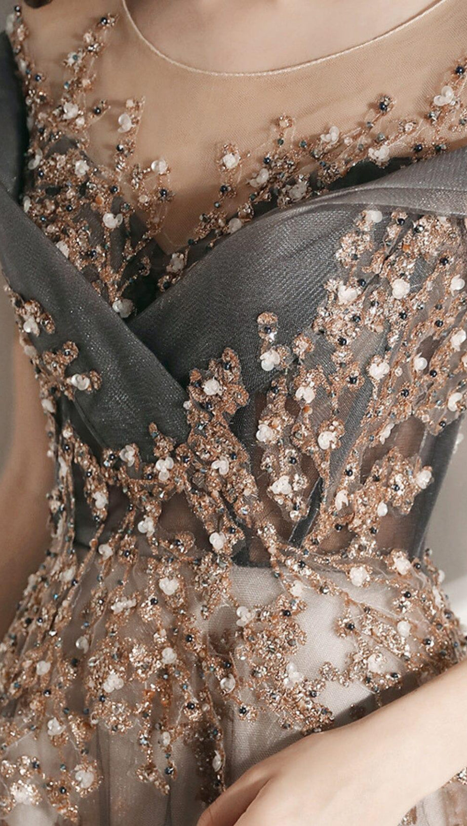 MESH HEAVY RHINESTONE COURT MAXI DRESS IN GREY