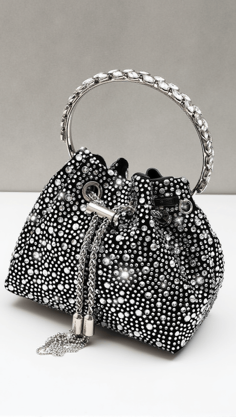 MATTEA CRYSTAL EMBELLISHED BUCKET BAG IN BLACK