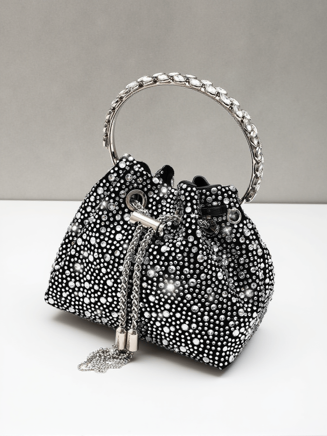 MATTEA CRYSTAL EMBELLISHED BUCKET BAG IN BLACK
