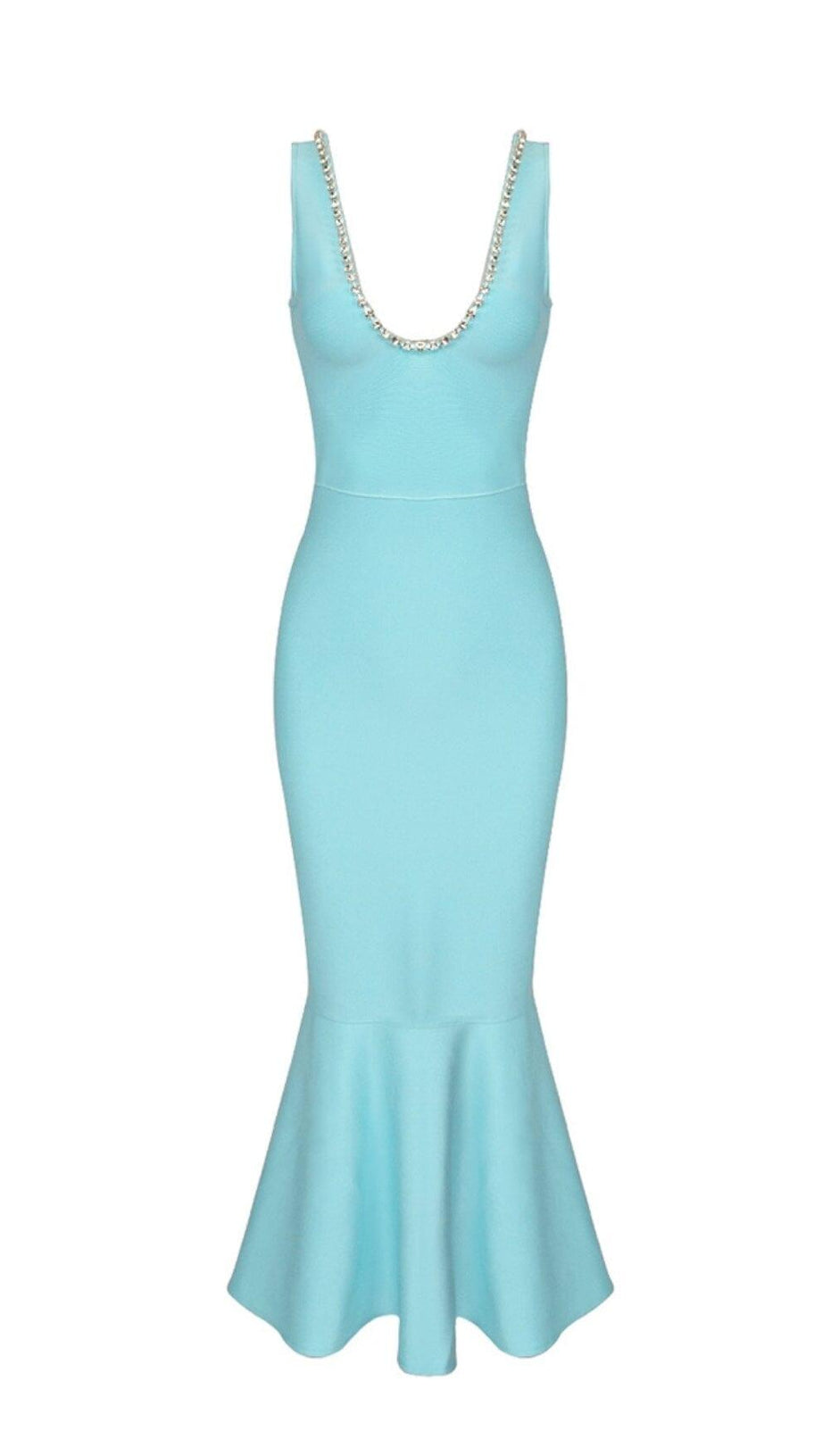 BANDAGE FISHTAIL SLEEVELESS HIGH WAIST MAXI DRESS IN AQUAMARINE